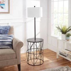 59 in. Brinkley Black Metal Floor Lamp with Caged Table Base by Decor Therapy -Decor Therapy Shop black decor therapy floor lamps pl4549 31 1000