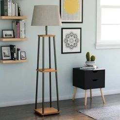 62 in. Limpscomb Black and Wood Tone Metal Floor Lamp with Bookshelf by Decor Therapy -Decor Therapy Shop black wood tone decor therapy floor lamps pl4550 31 1000