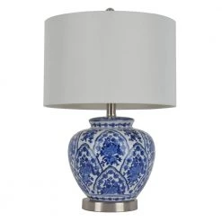 20 in. Blue and White Table Lamp with Cotton Shade by Decor Therapy