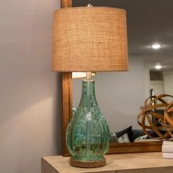 Emma Embossed 27.5 in. Blue Table Lamp with Burlap Shade by Decor Therapy -Decor Therapy Shop blue decor therapy table lamps tl17215 66 1000