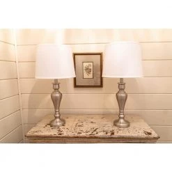 26 in. Brushed Steel Lamp Set with Faux Silk Shade by Decor Therapy -Decor Therapy Shop decor therapy lamp sets mp1052 66 1000