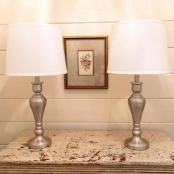 26 in. Brushed Steel Lamp Set with Faux Silk Shade by Decor Therapy -Decor Therapy Shop decor therapy lamp sets mp1052 fa 1000