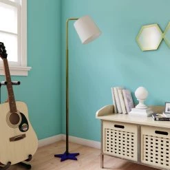 56 in. Gold Metal Downbridge Floor Lamp with Black Resin Star Base by Decor Therapy -Decor Therapy Shop gold black decor therapy floor lamps pl4548 31 1000