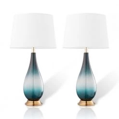 Calla 28 in. Gradient Green Glass and Bronze Base Indoor Table Lamp Set with Fabric Shade (Set of 2) by CARRO