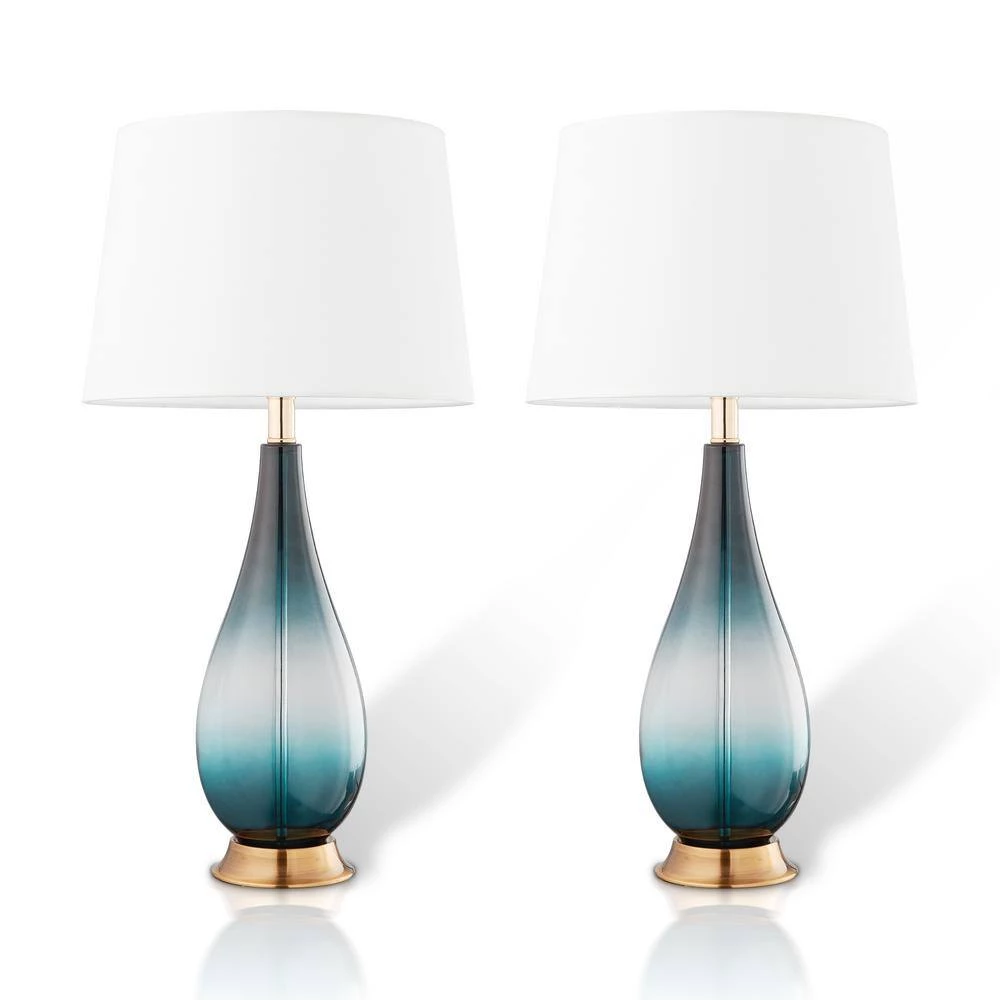 Calla 28 in. Gradient Green Glass and Bronze Base Indoor Table Lamp Set with Fabric Shade (Set of 2) by CARRO 3 Calla 28 in. Gradient Green Glass and Bronze Base Indoor Table Lamp Set with Fabric Shade (Set of 2) by CARRO