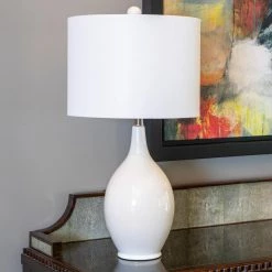 Anabelle Ceramic 27 in. White Table Lamp with Linen Shade by Decor Therapy -Decor Therapy Shop high gloss white decor therapy table lamps tl15460 4f 1000