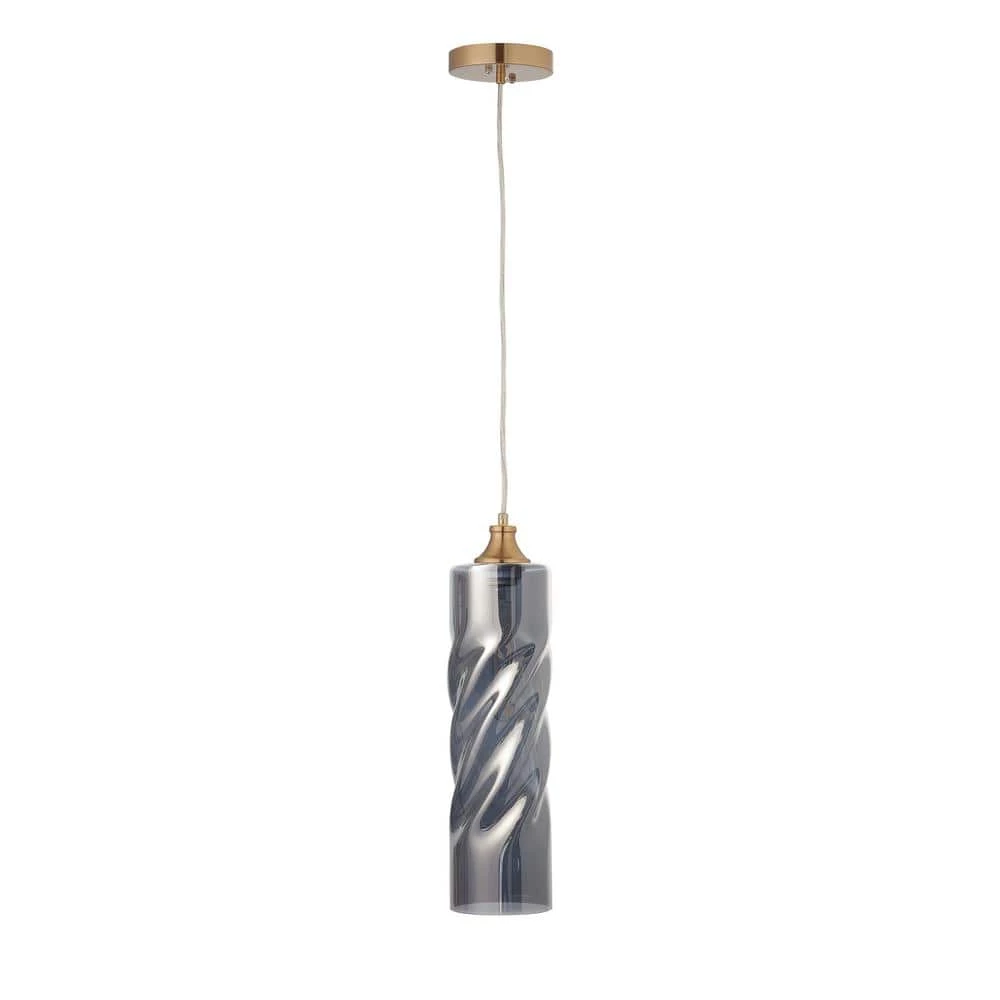 Gemini 1-Light Plated Smoke Pendant with Spiral Embossed Cylinder Glass Shade by CARRO 3 Gemini 1-Light Plated Smoke Pendant with Spiral Embossed Cylinder Glass Shade by CARRO
