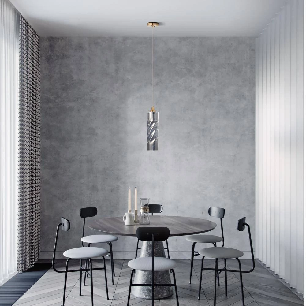 Gemini 1-Light Plated Smoke Pendant with Spiral Embossed Cylinder Glass Shade by CARRO 4 Gemini 1-Light Plated Smoke Pendant with Spiral Embossed Cylinder Glass Shade by CARRO - Image 2