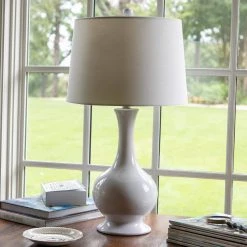 Traverse 27 in. White Fluted Table Lamp with Linen Shade by Decor Therapy -Decor Therapy Shop white decor therapy table lamps tl21313 44 1000