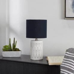 Sarah 15.5 in. White Ceramic Punched Pattern Table Lamp with Black Shade by Decor Therapy -Decor Therapy Shop white decor therapy table lamps tl23915 31 1000